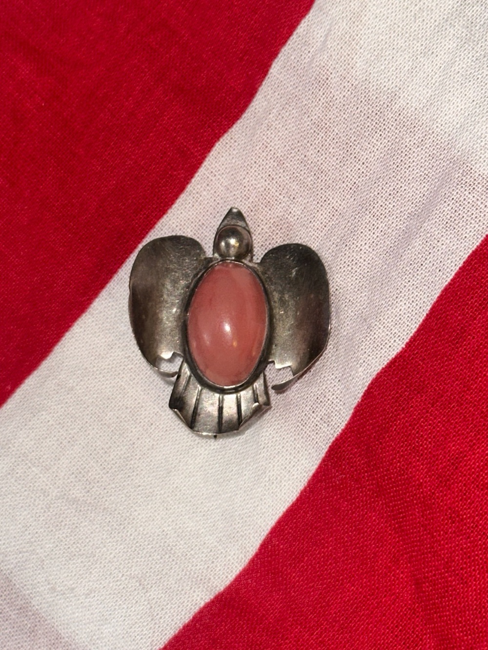 Mexican Silver Bird Brooch with Pink Coral Cabochon